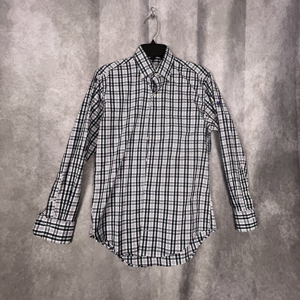 Peter Millar Men's Small Button Shirt White/Blue Plaid L/S  Cotton‎ Blend Crown